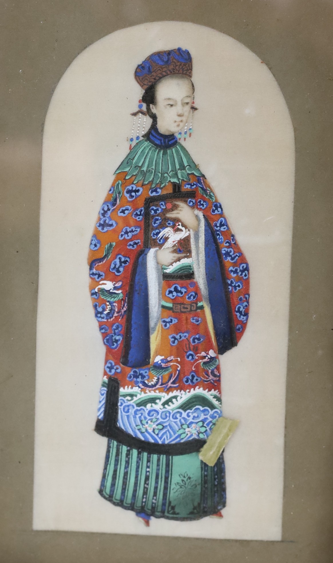 19th century Chinese School, pair of gouaches on pith paper, Studies of courtiers, 15 x 7cm and four similar studies